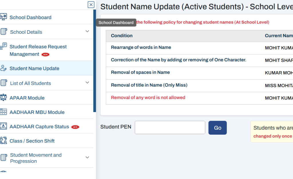 student name update in udise plus